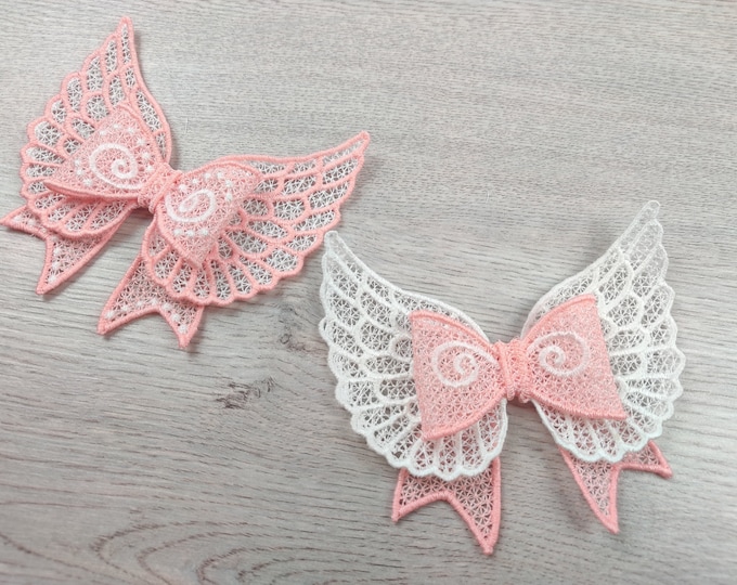 Angel Wings with bow Little Princess FSL Free standing lace curl Bow machine embroidery designs for hoop 4x4 and 5x7