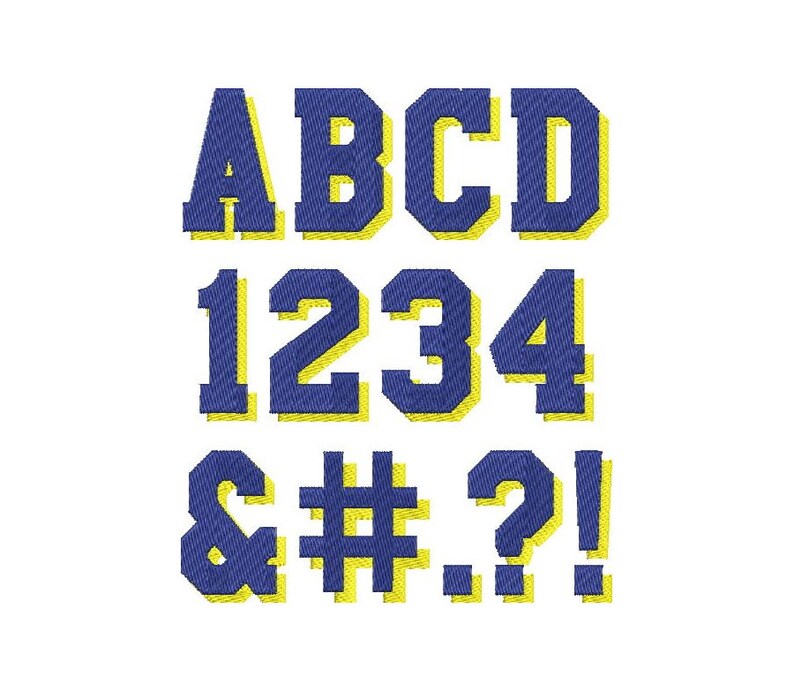 May include: Blue and yellow embroidered letters, numbers, and symbols, including A, B, C, D, 1, 2, 3, 4, ampersand, pound sign, question mark, and exclamation point.