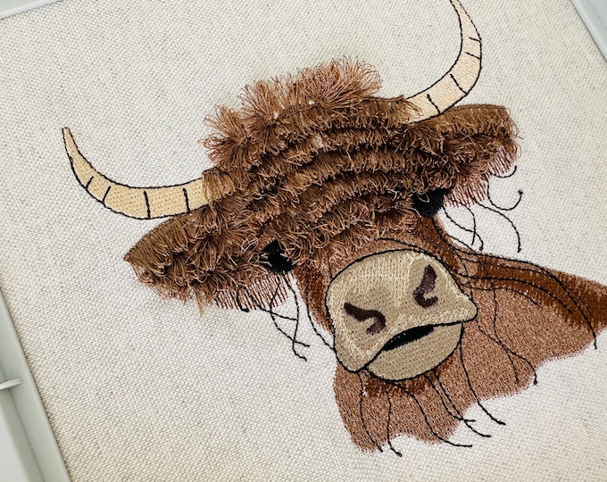 Big 2023 Fringed Highland cattle Cow Scottish breed rustic cattle machine embroidery designs fluffy fringe ITH in the hoop sweet farm home