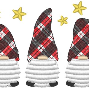 Gingham Tartan hat three Gnomes in row with fringed fluffy beard chenille fringe ITH in the hoop machine embroidery designs Merry Christmas image 3
