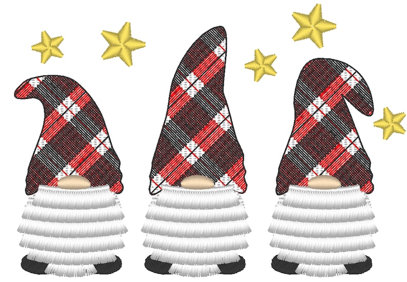 Gingham Tartan hat three Gnomes in row with fringed fluffy beard chenille fringe ITH in the hoop machine embroidery designs Merry Christmas image 3