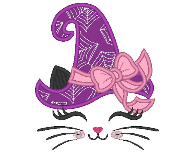 Spider web  Witch Cat Embroidery Design, kitty Halloween witch hat witchy spooky Pretty eyes cat applique machine embroidery designs