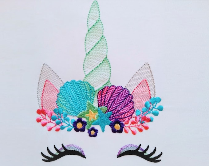 Summer mermaid Sketch stitch Unicorn head with shell and stars crown light triple bean stitch machine embroidery design Rainbow unicorn face