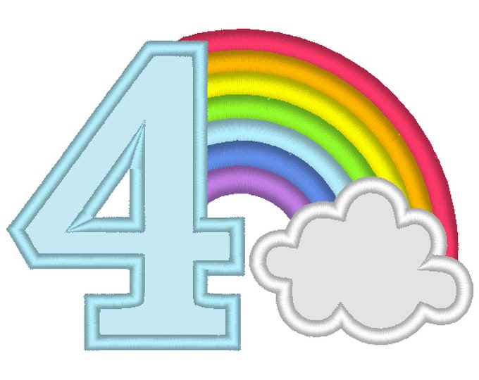 Rainbow in cloud Birthday Number 4 FOUR machine embroidery applique designs assorted sizes, kids children kinder fourth birthday party