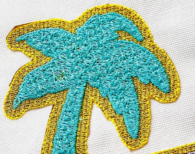 Palm tree faux patch with Faux chenille stitches and Glitter HTV scraps glitter vinyl machine embroidery designs glitter chenille font extra