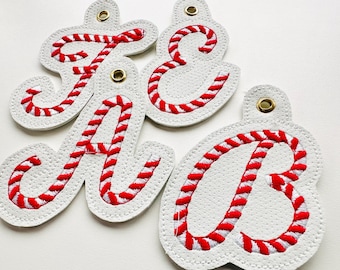 Candy Cane Monogram Eyelet and Key Fob Snap Tab handwritten Font Christmas keychain in the hoop ITH machine embroidery designs gift idea