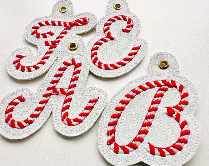 Candy Cane Monogram Eyelet and Key Fob Snap Tab handwritten Font Christmas keychain in the hoop ITH machine embroidery designs gift idea