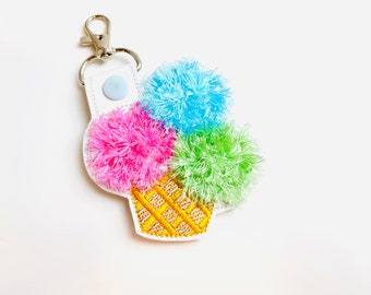 Fringed Cupcake key fob snap tab in the hoop machine embroidery designs ITH project keyfob key tab keychain Awesome fluffy fur kids bag tag