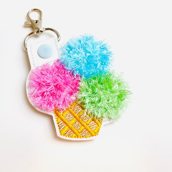 Fringed Cupcake key fob snap tab in the hoop machine embroidery designs ITH project keyfob key tab keychain Awesome fluffy fur kids bag tag