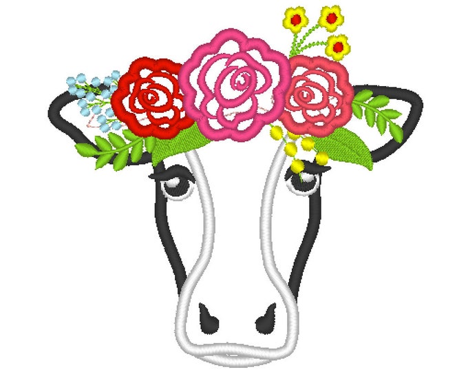 Cow face Cow with roses crown Farm animal Rose floral flowered Cow Head Applique machine embroidery designs sizes for hoop 4x4 5x7 6x10