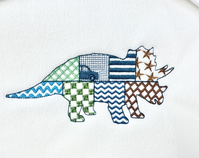 Patchwork Triceratops Dinosaur Jurassic animal Dino silhouette patterned outline kids boys machine embroidery designs sizes 4 up to 9 inch
