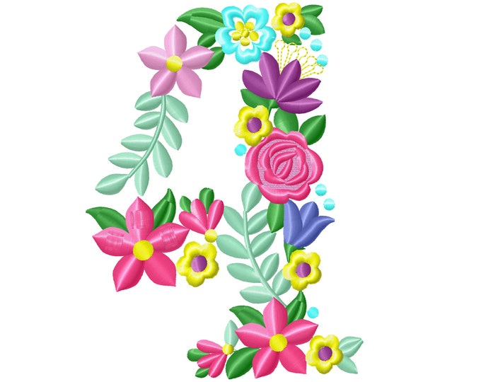 Floral letter Birthday number FOUR flowers liberty fashioned flowers Font machine embroidery design number 4 only 4, 5, 6, 7, 8 in