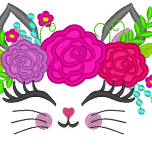 May include: Embroidered design of a cute cat face with pink and purple flowers, green leaves, and eyelashes. The cat has a pink nose and a heart-shaped mouth.