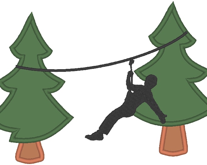 Zip-line boy silhouette pine tree machine embroidery designs birthday outfit embroidery in assorted sizes for hoops 4x4, 5x7, 6x10 zipline