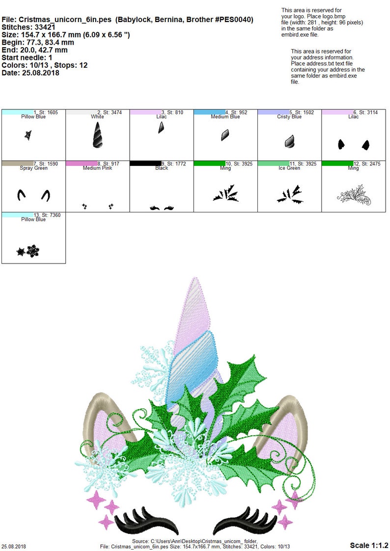 May include: A Christmas unicorn embroidery design featuring a white unicorn horn with a blue and pink mane, green holly leaves, and snowflakes. The design is 6 inches wide and 6.56 inches tall.