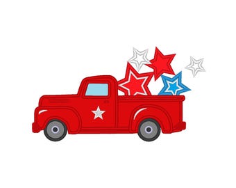 Vintage station wagon Red Truck with stars in the back floating star boys Applique machine embroidery designs 4th of July Independence Day