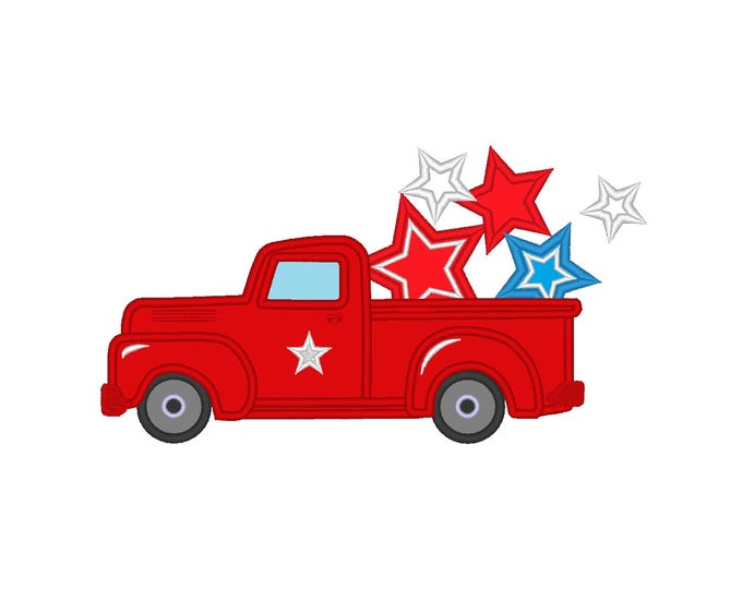 Vintage station wagon Red Truck with stars in the back floating star boys Applique machine embroidery designs 4th of July Independence Day