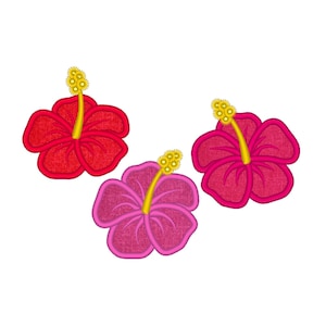 May include: Three embroidered hibiscus flowers in shades of red and pink, with yellow stamens. The flowers are arranged on a white background, showcasing the detailed stitching and vibrant colors of the floral design.
