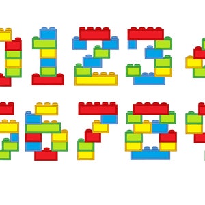 May include: Numbers 0 through 9 made from colorful toy building blocks. Each number is made from red, yellow, blue, and green blocks.