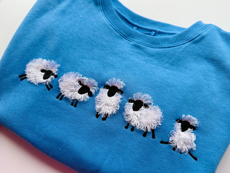 Fuzzy Sheep Lamb SET of 5 types and 5 sheep in row fringed machine embroidery designs Farm Shirt Sweatshirt embroidery Funny Animal Sweater image 5