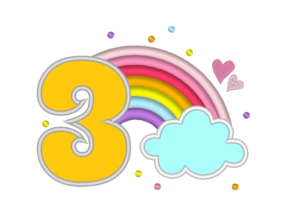 Cute Rainbow Birthday Number 3 THREE Machine Embroidery Applique Designs  Size 4, 5 and 6.5 Inches, Rainbow in Clouds Kids Birthday Number 3 - Etsy