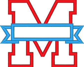 One letter M Collegiate Varsity Split block Letter with banner machine embroidery applique design and mini font-  3, 4, 5  inches