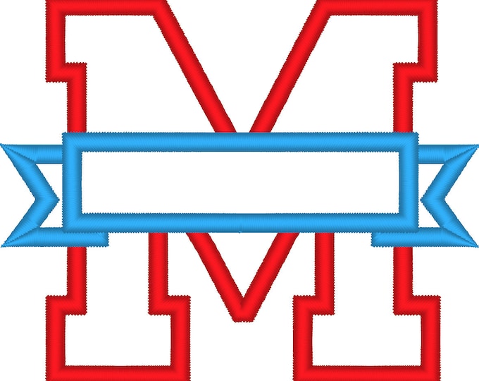 One letter M Collegiate Varsity Split block Letter with banner machine embroidery applique design and mini font-  3, 4, 5  inches