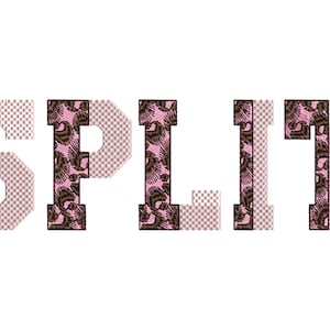 Op de afbeelding: Het woord "SPLIT" is in grote, blokletters gespeld. Elke letter is gevuld met een roze en bruin bloemenpatroon.