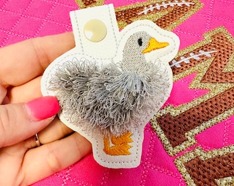 Classic Duck fringed bird Eyelet and Key Fob Snap Tab in the hoop machine embroidery designs ITH fluffy farm bird keychain bag tag gift idea
