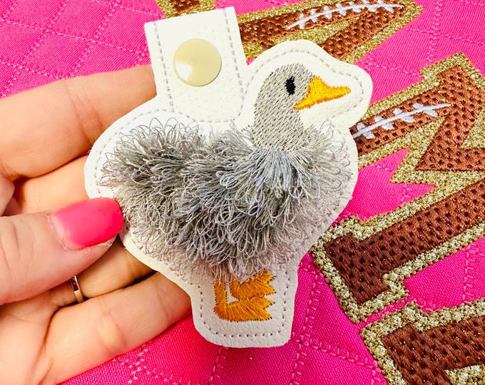 Classic Duck fringed bird Eyelet and Key Fob Snap Tab in the hoop machine embroidery designs ITH fluffy farm bird keychain bag tag gift idea