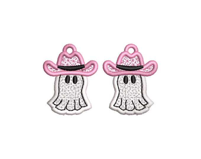 Adorable Ghost Cowboy Hat charm earrings FSL freestanding lace machine embroidery designs kids girls Halloween earrings simply in the hoop