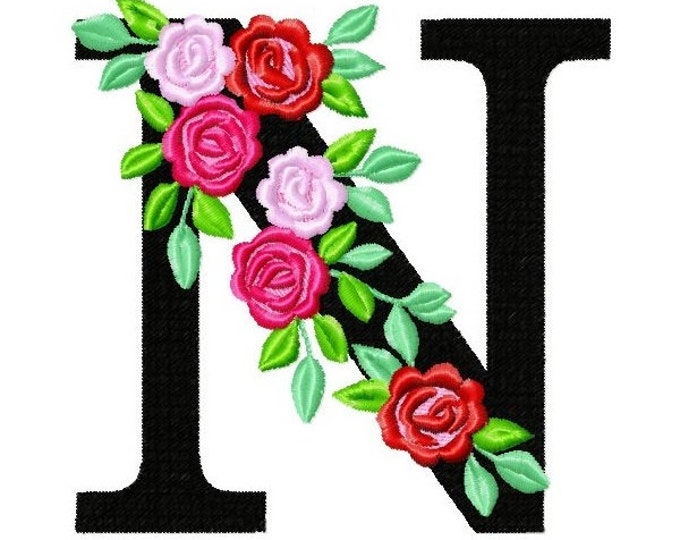 Roses floral whole Individual letter N garden flag monogram roses crown flowers flower Font machine embroidery design 2, 3, 4, 5, 6, 7, 8 in