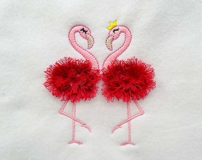 Fringed fluffy chenille Flamingos Love Valentine, two flamingos machine embroidery designs flamingo 4x4, 5x7 awesome fringe fur pink bird