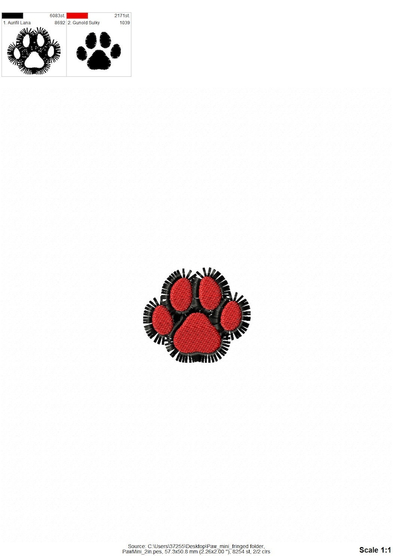 May include: Red paw print embroidery design with black outline. The design is approximately 2 inches in size.