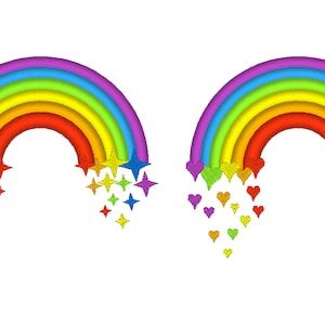 May include: Two rainbow arches with a white background. The rainbow on the left has stars falling from it, while the rainbow on the right has hearts falling from it.