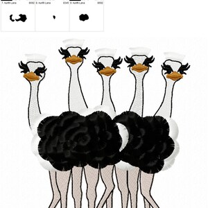 Fringed fluffy flock of 5 ostriches group of ostriches machine embroidery designs for hoop 5x7 6x10 awesome fringe ostrich in the hoop ITH image 3