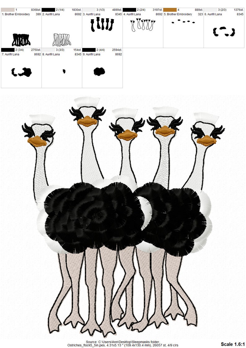 Fringed fluffy flock of 5 ostriches group of ostriches machine embroidery designs for hoop 5x7 6x10 awesome fringe ostrich in the hoop ITH image 3