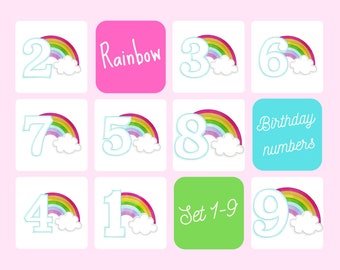 Rainbow in cloud Birthday Numbers SET 1-9 machine embroidery applique designs, assorted sizes, kids children kinder party birthday numbers