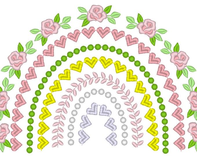 Delicate Roses rainbow boho Shabby chic machine embroidery design in assorted sizes, girly pretty rainbow rose floral heart pearl crown