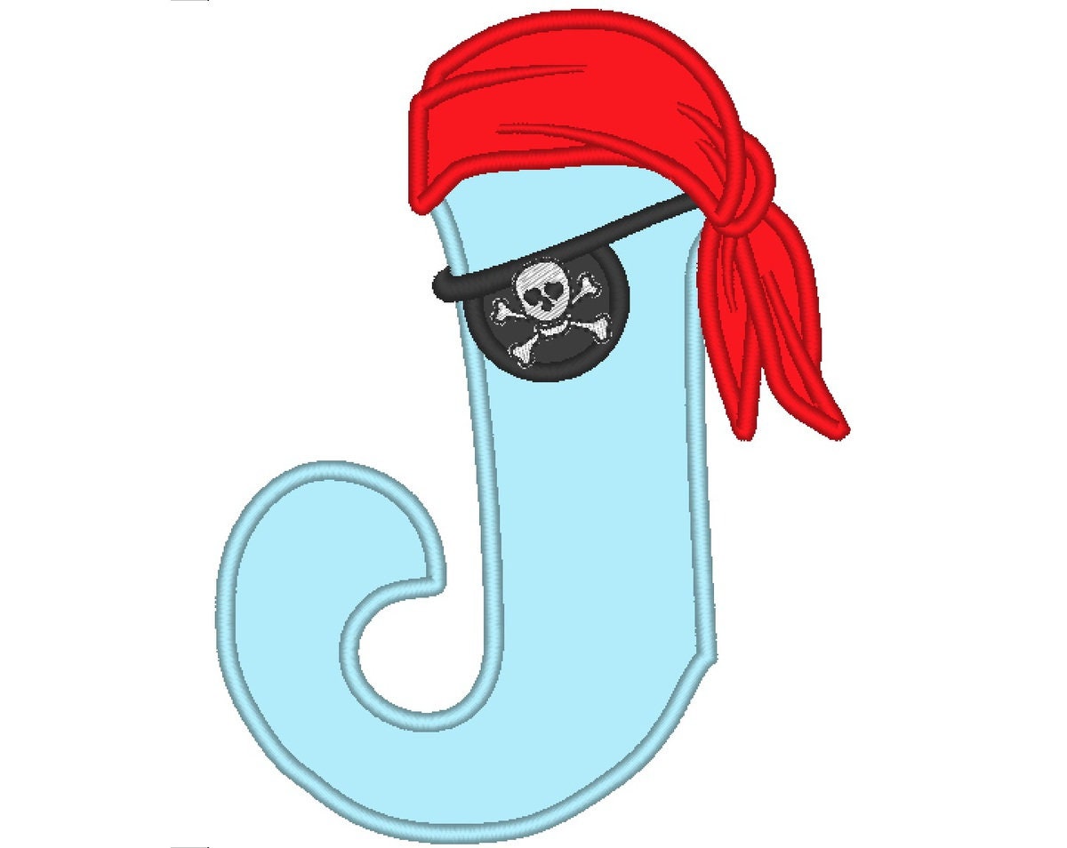 Pirate alphabet embroidery, letter J machine embroidery pirate