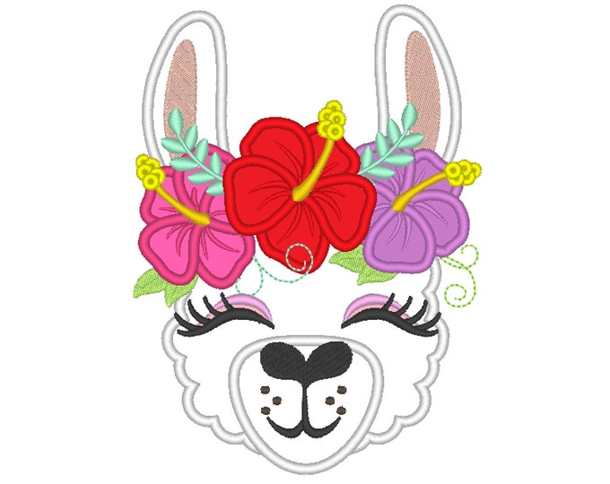 Llama or alpaca head with summer hibiscus flowers floral crown machine embroidery applique design summer llama face llama embroidery design