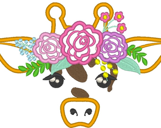Giraffe face with floral crown applique machine embroidery design Rainbow giraffe face 8x8 7x7 6.5x6.5 6x6 5.5x5.5 5x5 4x4