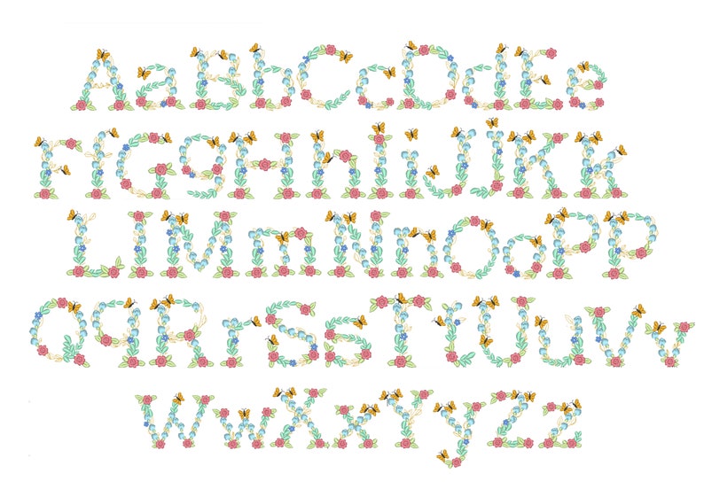 May include: A floral alphabet with each letter surrounded by a wreath of green leaves, pink flowers, blue flowers, and yellow butterflies.
