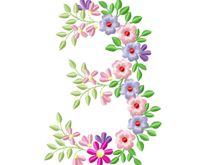 Country Floral birthday number 3  farm flowers number flowered Font machine embroidery designs number 3 THREE only 3.5, 4, 5, 6, 7, 8 in