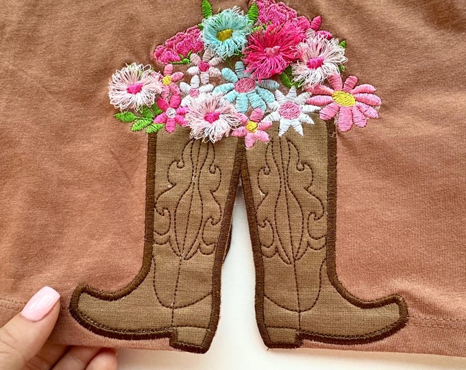 Cowboy Cowgirl Boots and fringed fluffy Flower Applique side bow split seam machine embroidery designs Girly Girls floral sweatshirt outfit