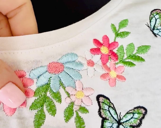 Awesome Floral Neckline Flower and Butterfly machine embroidery designs girls kids outfit t-shirt sweatshirt design sizes 4.5 up to 6in
