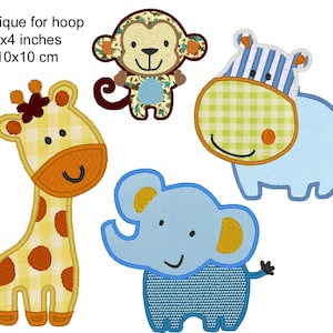 May include: Four embroidered applique designs for a 4x4 inch hoop: a yellow giraffe, a blue elephant, a blue hippopotamus, and a brown monkey. The designs are perfect for baby clothes, blankets, or other crafts.
