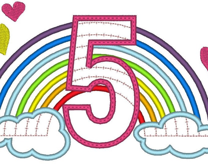 Cute Rainbow Birthday Number 5 FIVE only machine embroidery applique designs, sizes 5, 6 and 7 inches INSTANT DOWNLOAD