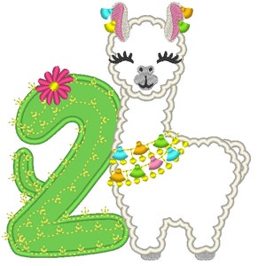 Number 2 Second birthday Llama alpaca with cactus number TWO Applique Design lama machine embroidery designs 5, 6, 7 and 8 inches