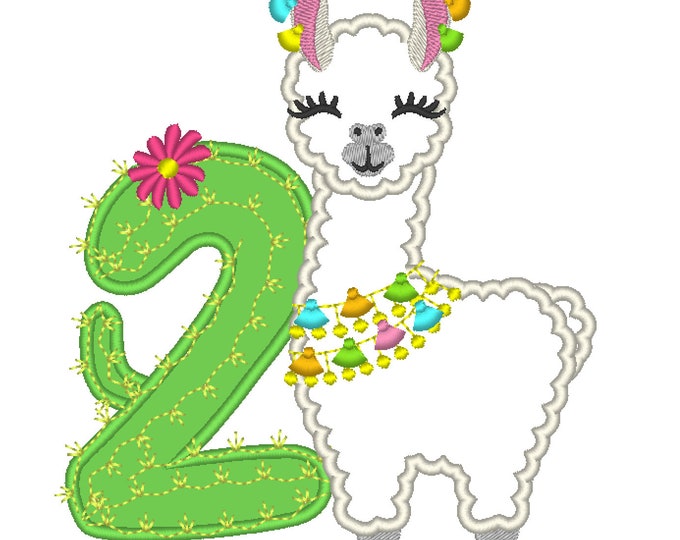 Number 2 Second birthday Llama alpaca with cactus number TWO Applique Design lama machine embroidery designs 5, 6, 7 and 8 inches